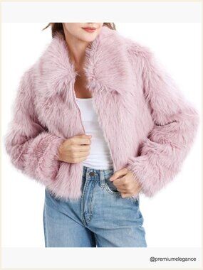 Faux Fur Cropped Zip-Up Jacket Warm Winter Coat Long Sleeve